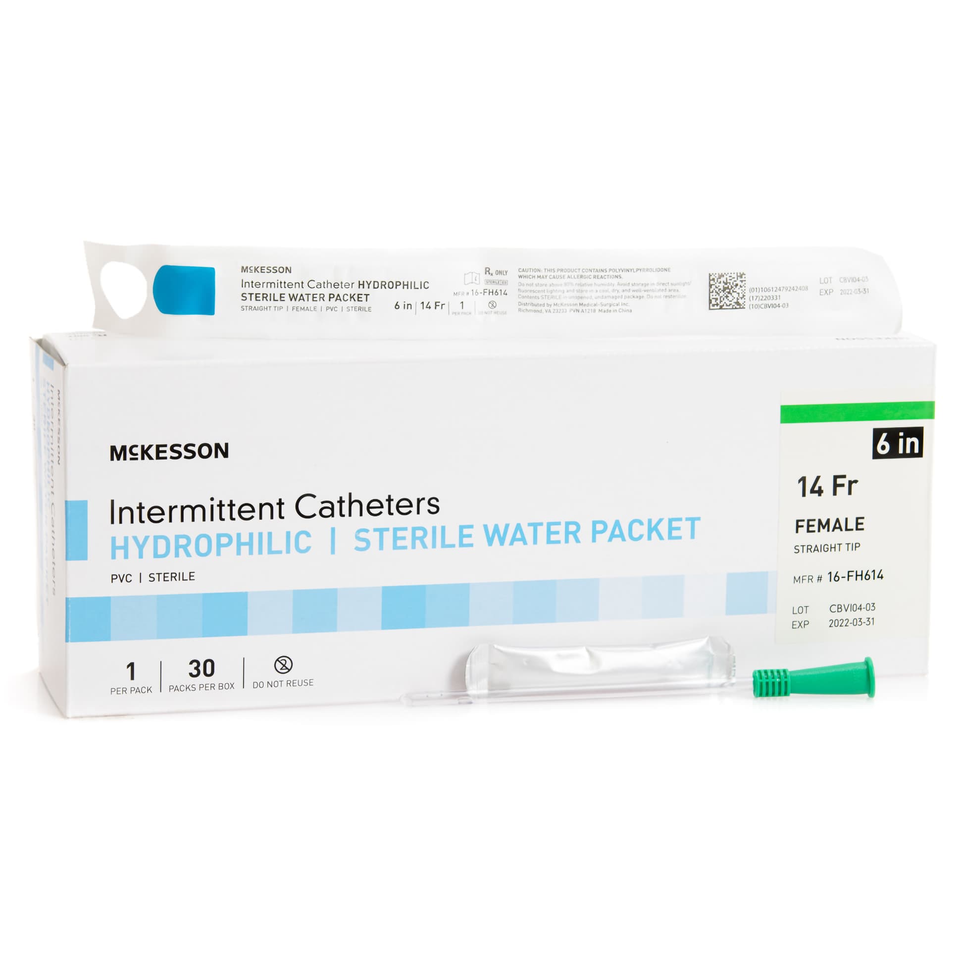 McKesson Intermittent Catheter with Hydrophilic Coating For Women, Straight Tip, 14 Fr, 6 Inch - Each - Image 1