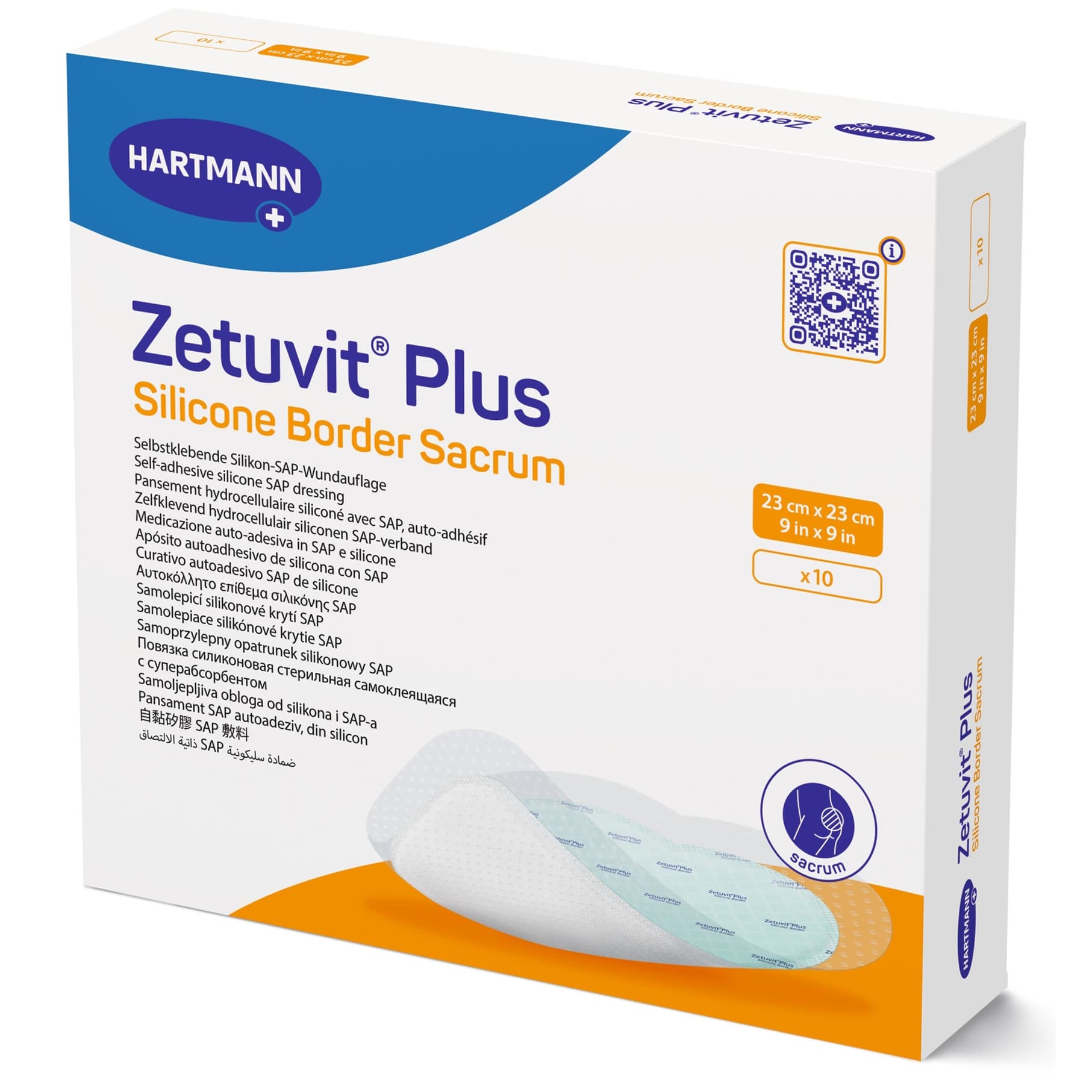 Zetuvit Plus Sacral Silicone Border Super Absorbent Dressing, 9 x 9 Inch - Box of 10 - Image 1