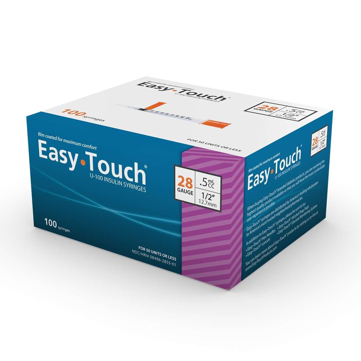 EasyTouch Standard Insulin Syringe with Needle, U-100 Insulin, 0.5 ml, 28 Gauge, 1/2 Inch, Poly Bag - Box of 100 - Image 1