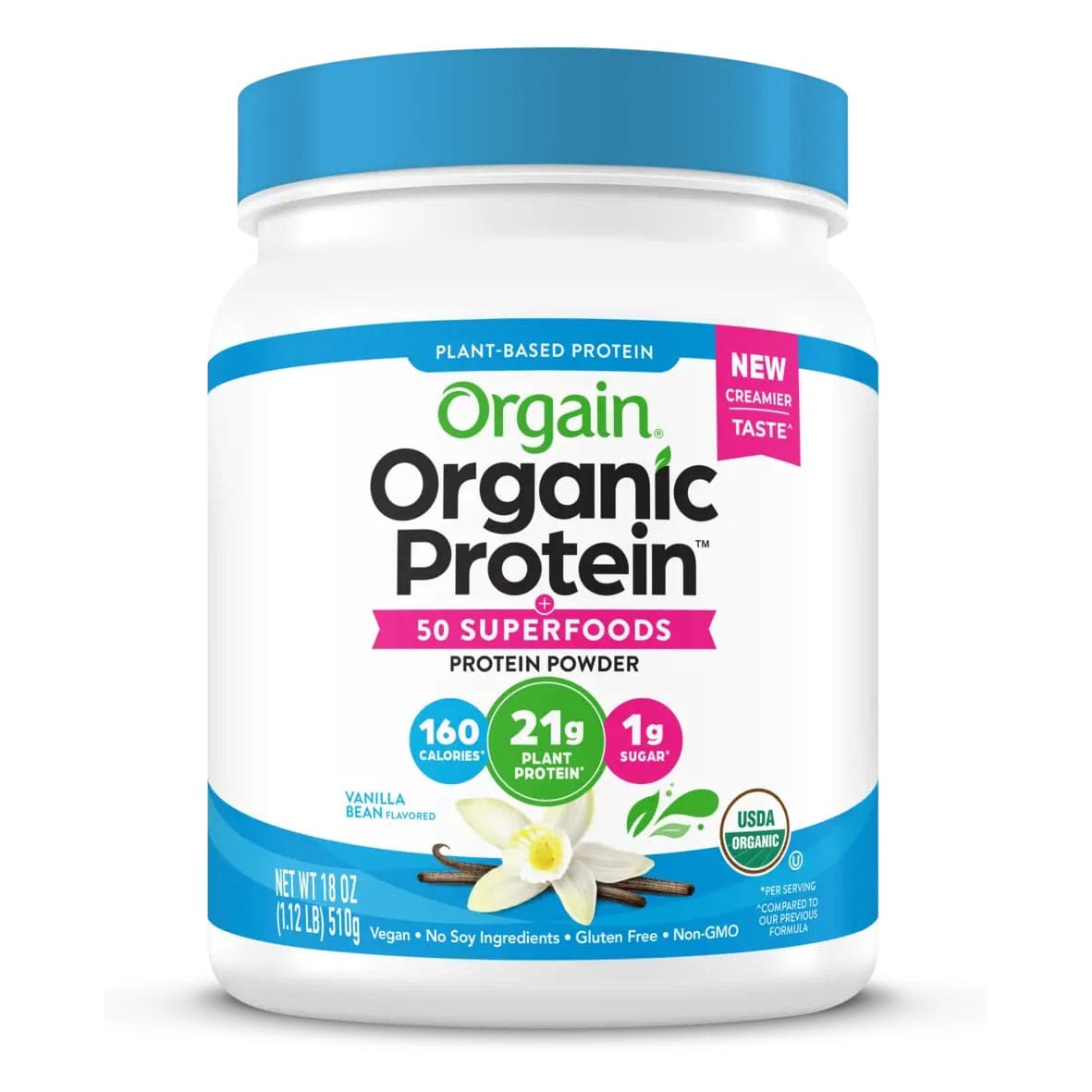 Orgain Organic 50 Superfoods Plant Based Protein Powder, Vanilla Bean, 18 oz - Case of 12 - Image 1