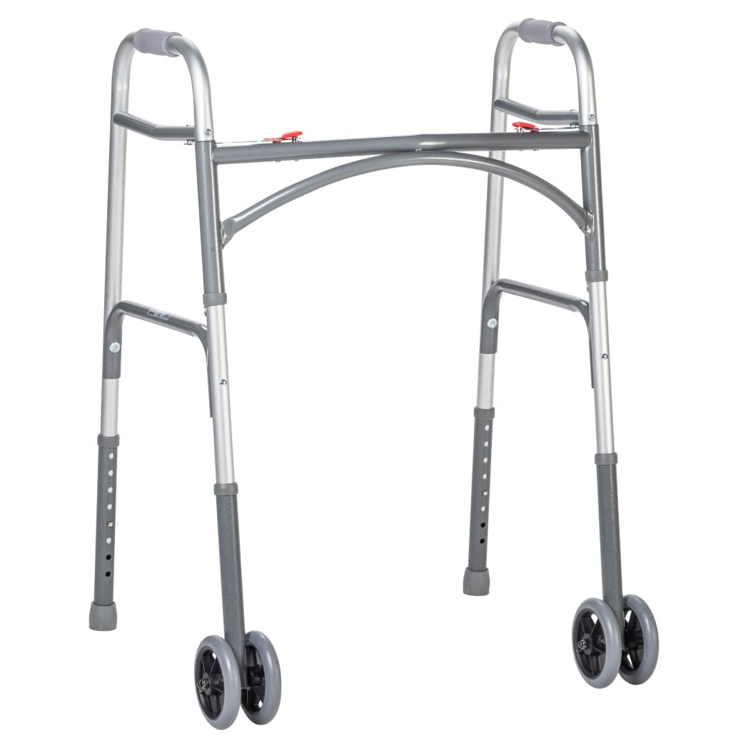 Drive Adult Bariatric Aluminum Folding Patient Walker with Wheels, Two-Button