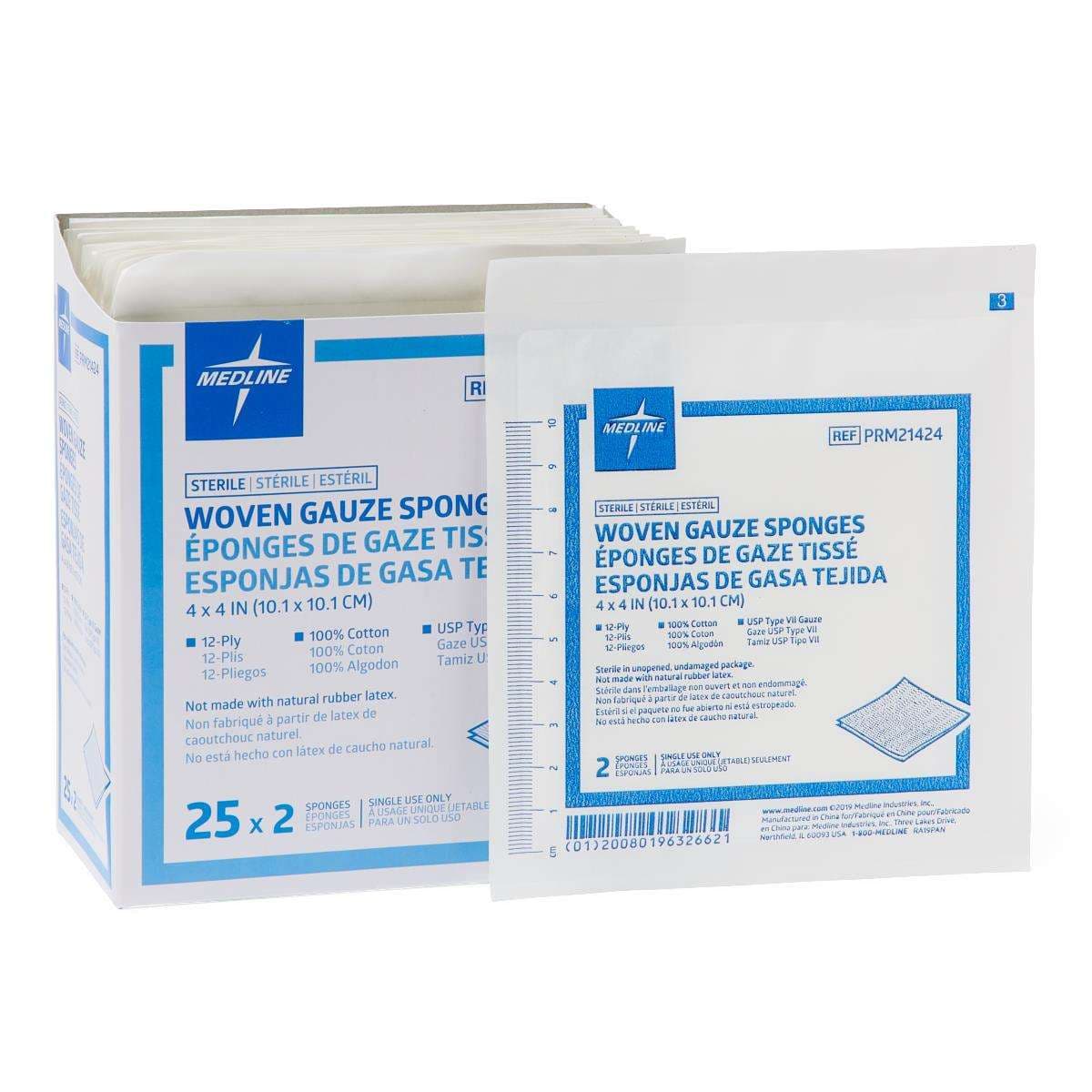 Medline Woven Sterile 12-Ply Gauze Sponges, USP Type VII, 4" x 4" - Box of 50 - Image 1