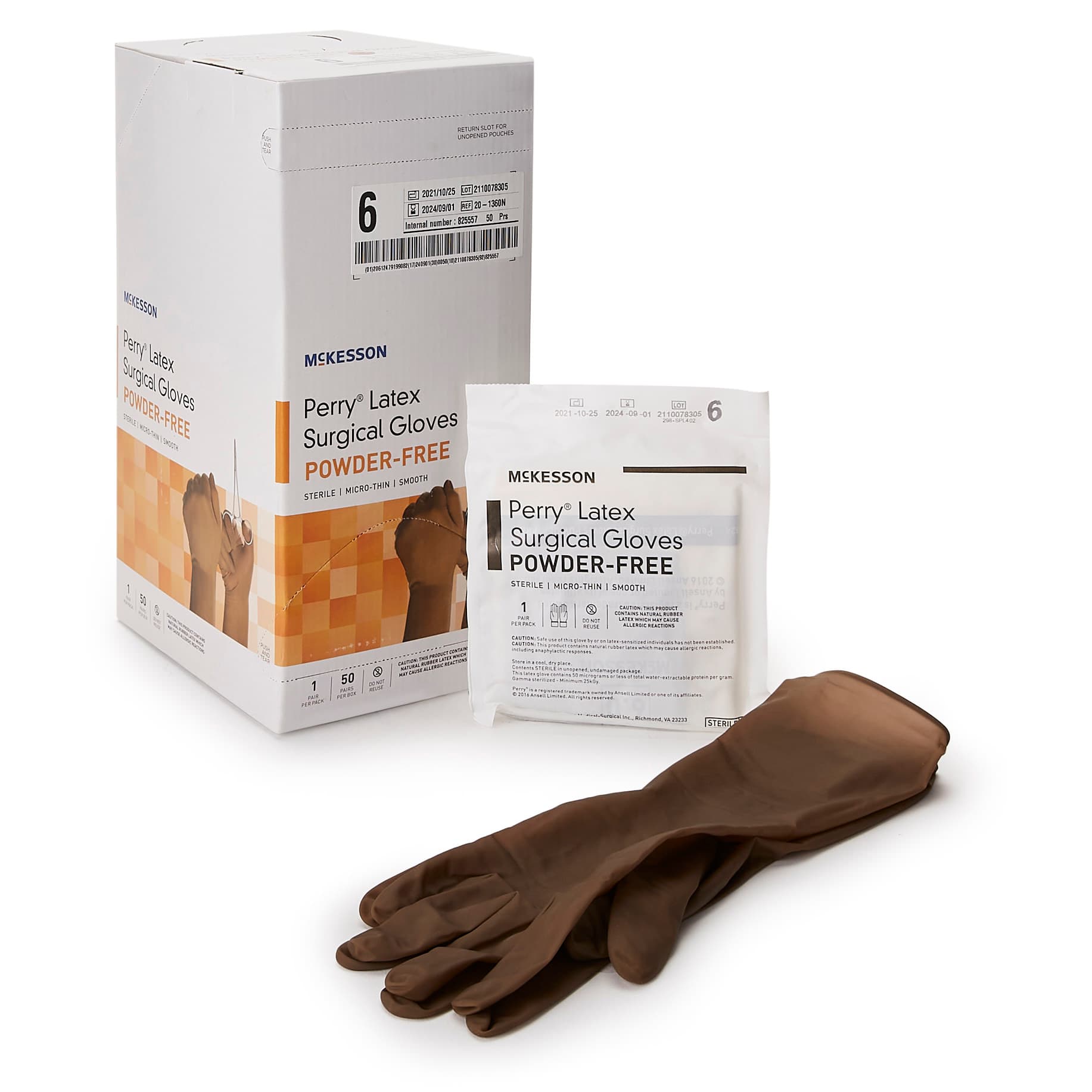McKesson Perry Latex Powder Free Surgical Glove, Size 6, Brown - Box of 100 - Image 1