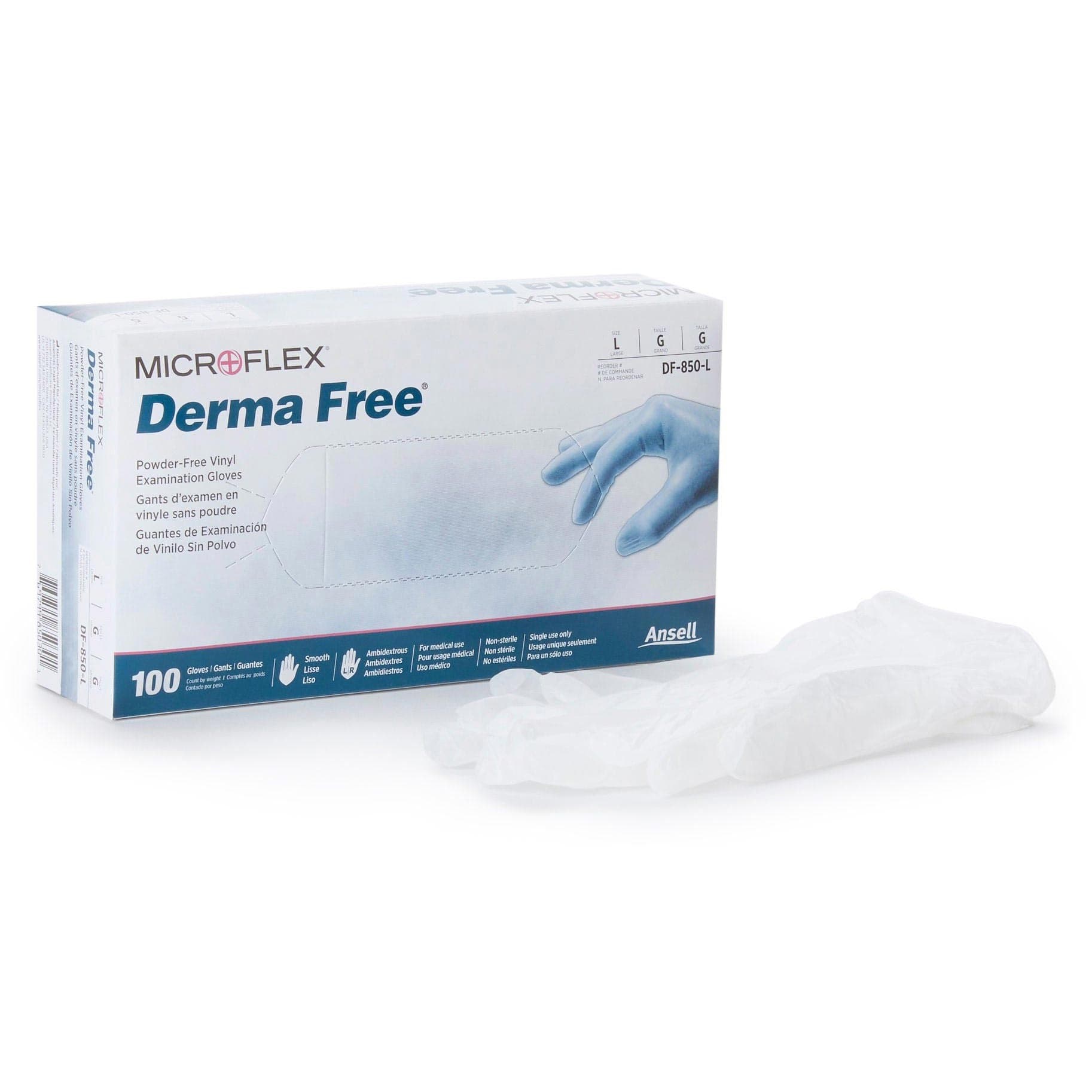 Microflex Medical Derma Free Vinyl Exam Gloves, Large - Box of 100 - Image 1