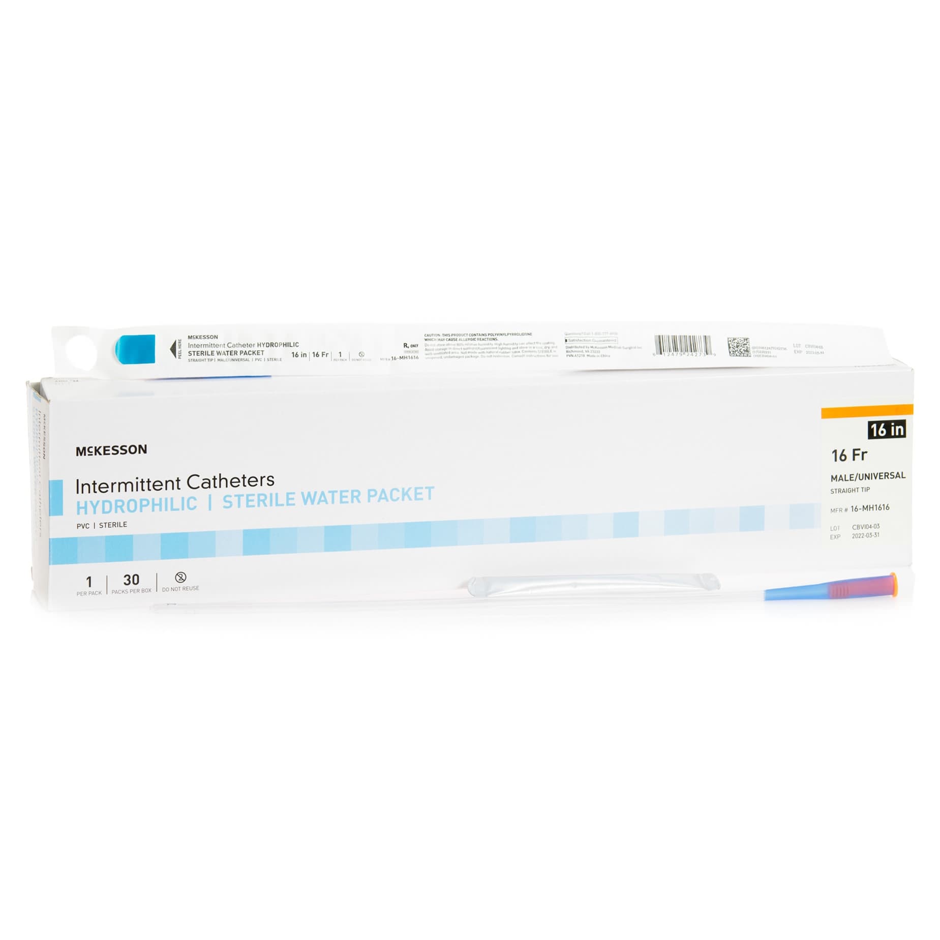 McKesson Intermittent Catheter with Hydrophilic Coating For Men, Straight Tip, 16 Fr, 16 Inch - Box of 30 - Image 1