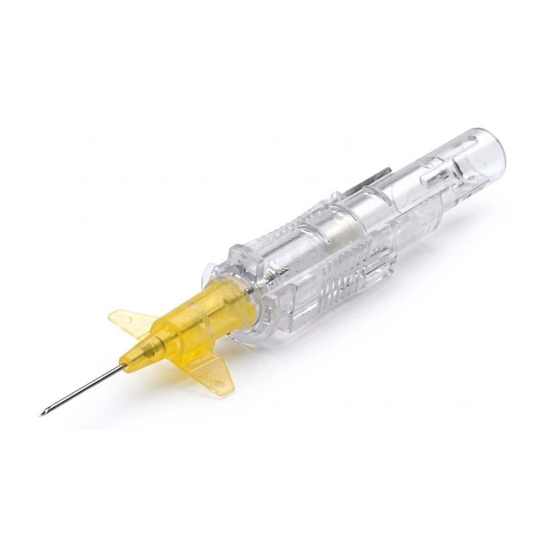 Smiths Protectiv Plus Peripheral IV Catheter, Winged Hub, Yellow, 24 Gauge, 0.68 Inch - Box of 50 - Image 1