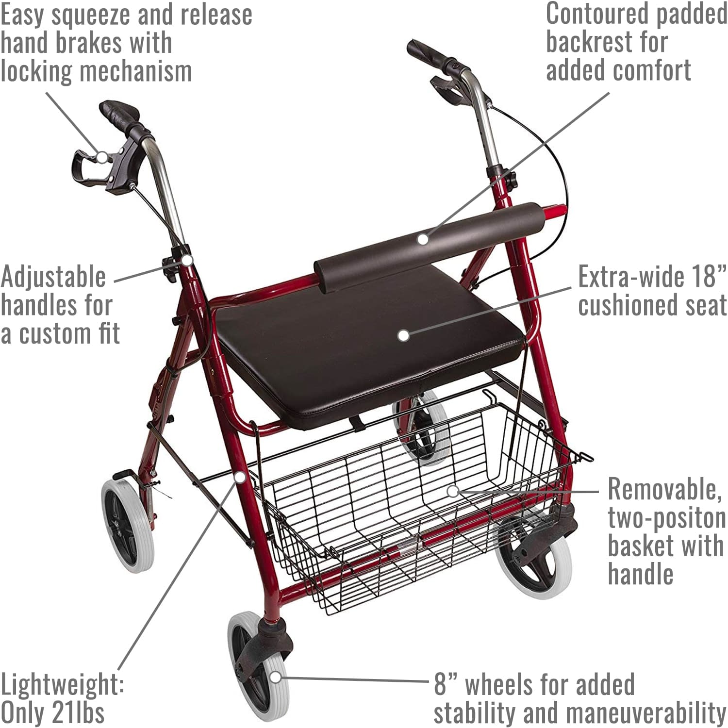 DMI Heavy Duty Lightweight 4 Wheel Rollator, Burgundy - Image 2