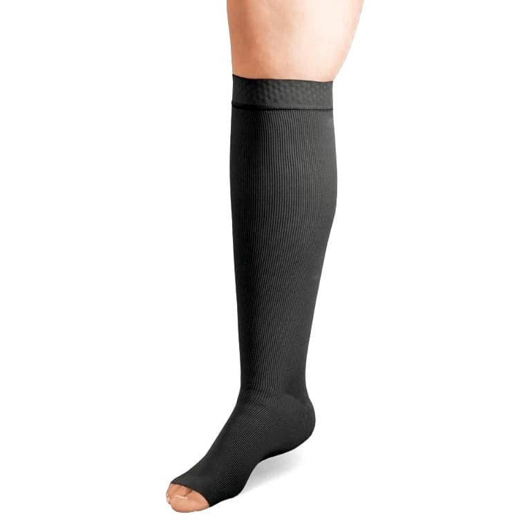 ExoStrong Below Knee Open toe Compression Stocking, Silicone Top, Short, Medium, Black - Image 1