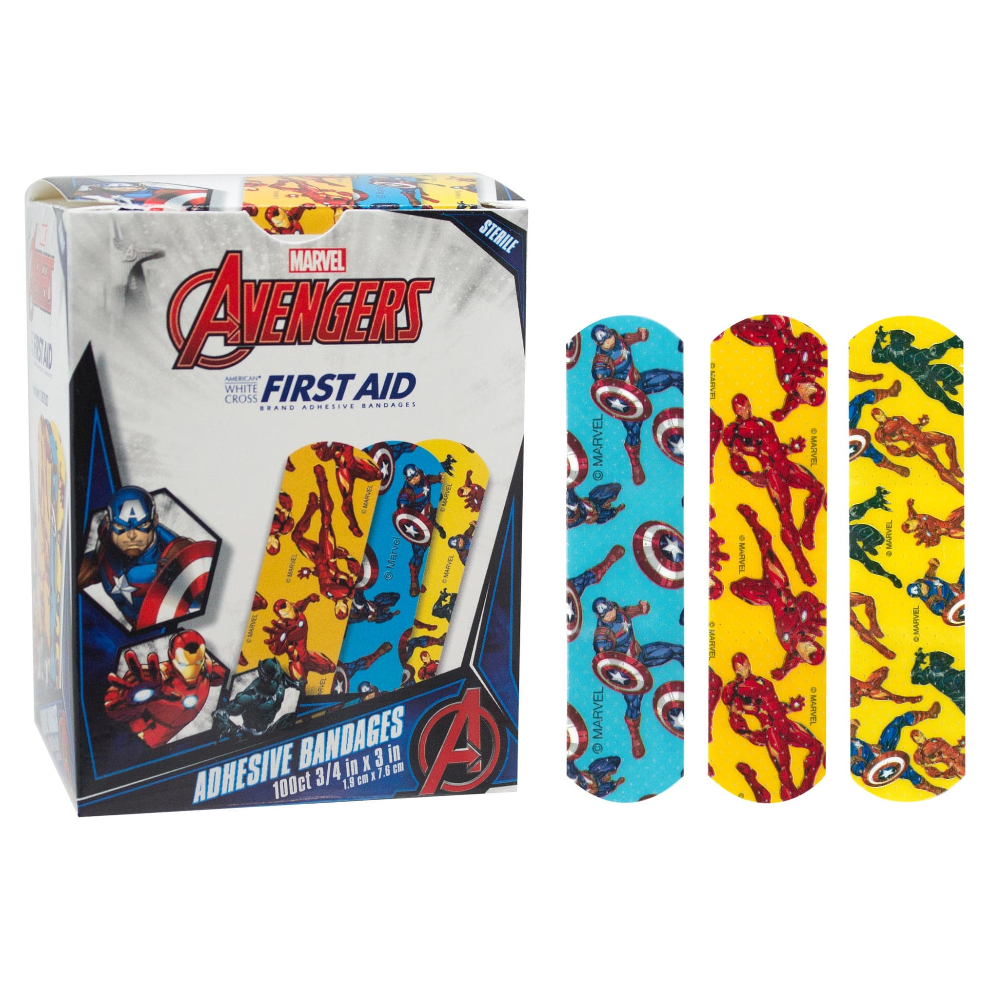Dukal American White Cross Stat Strip Adhesive Bandages, Avengers, 3/4" x 3" - Box of 100 - Image 1