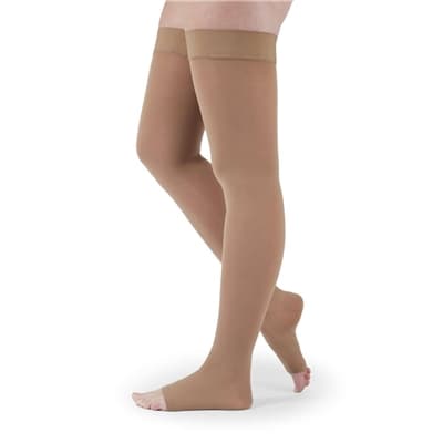 Medi Assure Thigh High 30-40mmHg Compression Stocking with Silicone Top Band Standard, Open Toe, Beige, Large - Pair - Image 1