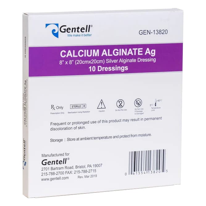 Gentell Calcium Alginate Ag Silver Dressing, 8 x 8 Inch - Box of 10 - Image 1