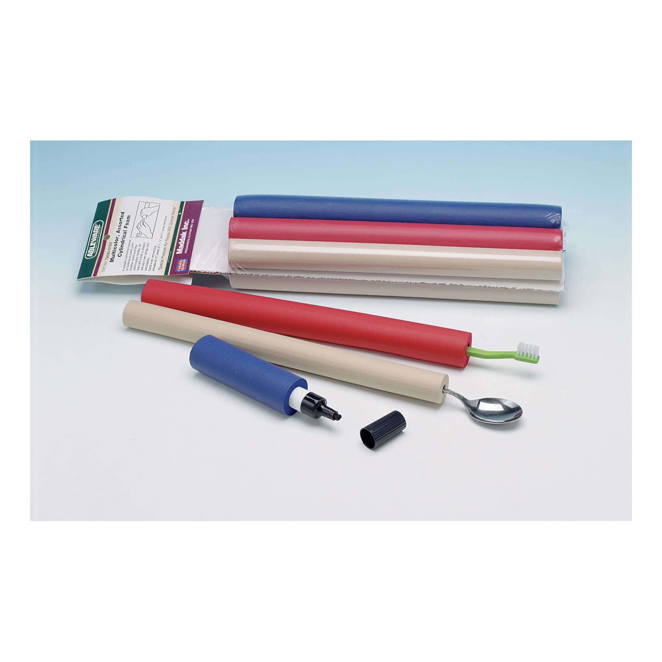 Maddak Closed-Cell Foam Hand Grip Tubing Kit, 12" x 3.25" x 2.25" Tan/Red/Blue - Package of 6 - Image 1