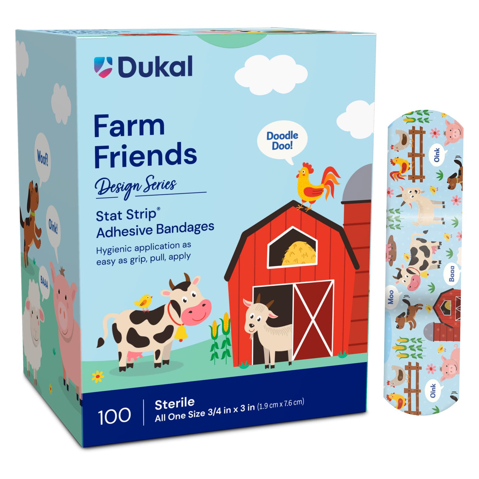 Dukal American White Cross Farm Friends Stat Strip Adhesive Bandages, 3/4 x 3 Inch - Box of 100 - Image 1