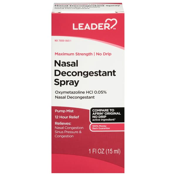 Leader 12 Hour Nasal Decongestant Spray, Oxymetazoline HCl 0.05%, 0.5 oz - Each - Image 1