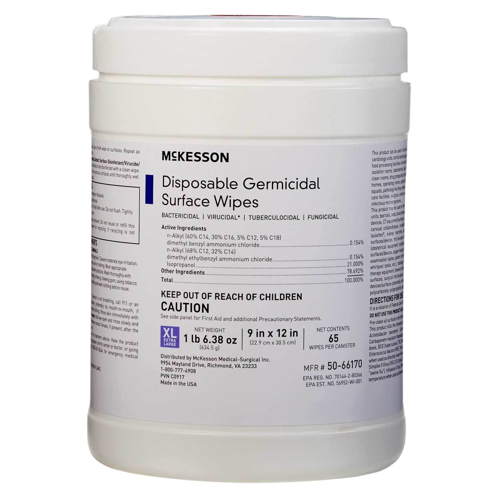 McKesson Disposable Germicidal Surface Wipes, Extra Large - Box of 65 - Image 1