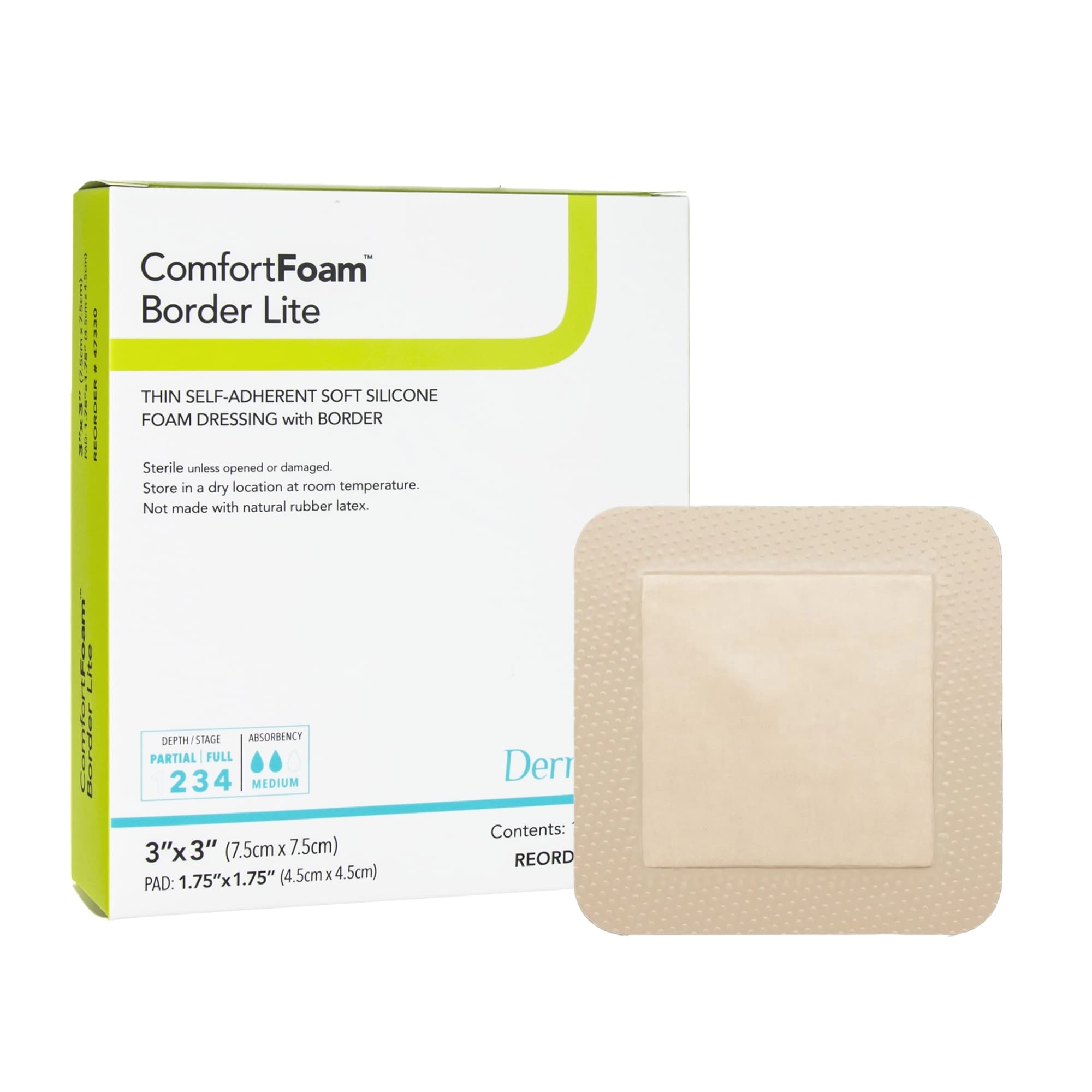 ComfortFoam Border Lite Thin Soft Silicone Adhesive Foam Dressing, 3 x 3 Inch - Box of 10 - Image 1