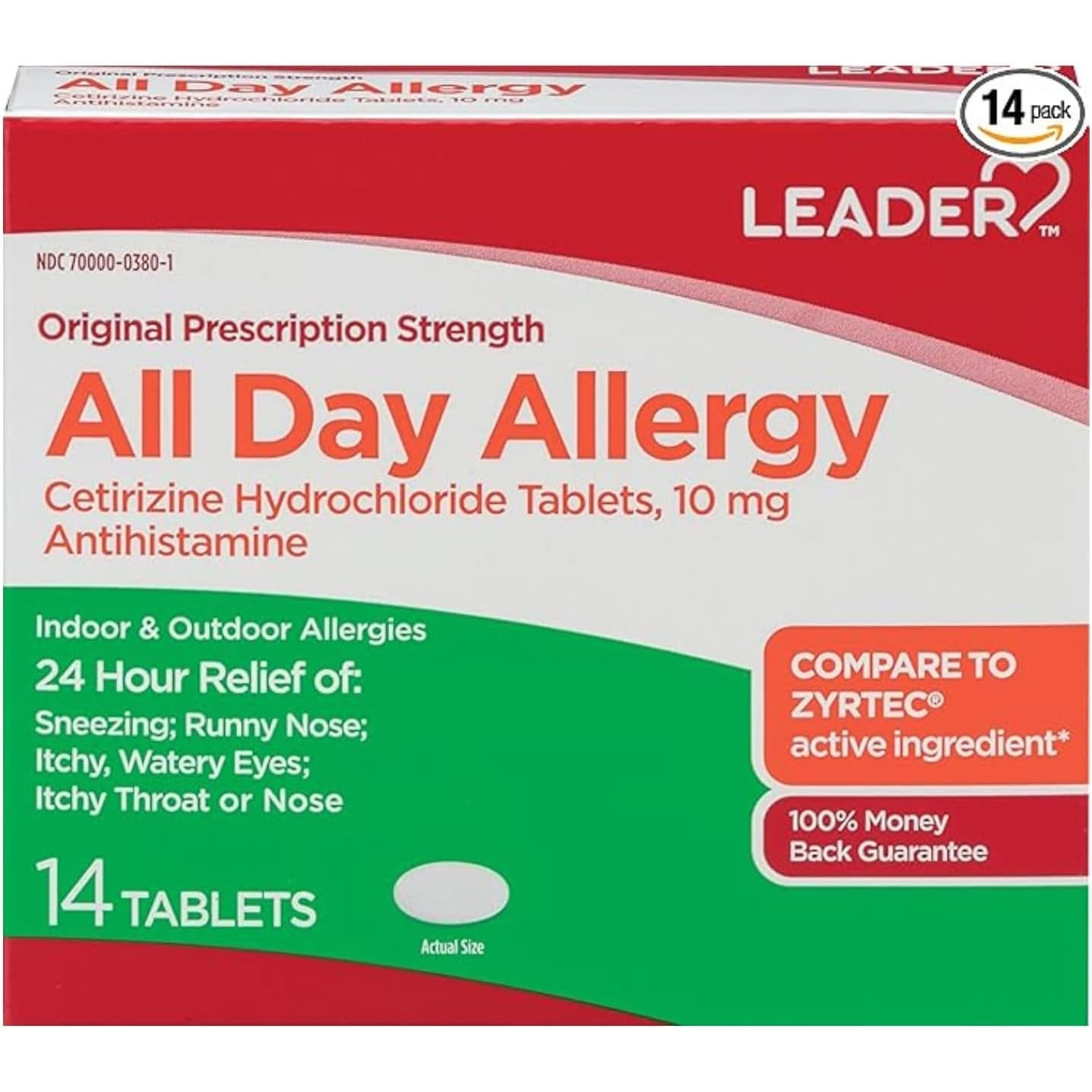 Leader All Day Allergy Cetirizine Tablets, 10 mg - Image 1