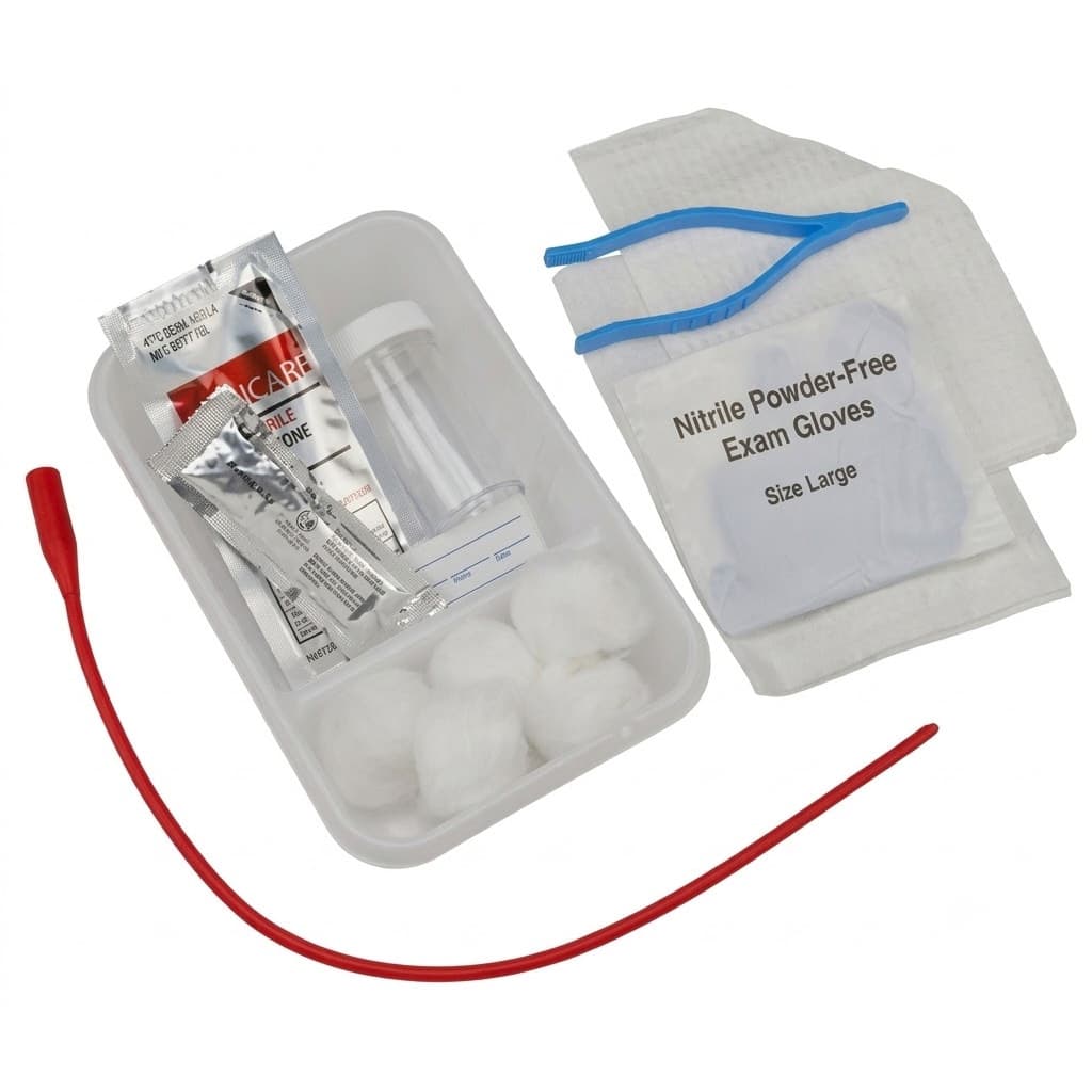 Dover Intermittent Catheterization Open Tray with Red Rubber catheter, PVP swabs, 1000 mL - Each - Image 1