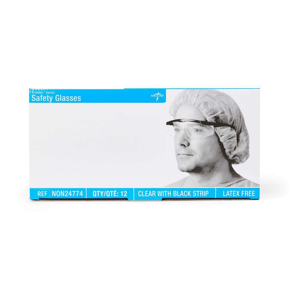 Medline Clear Safety Glasses with Black Frame - Box of 12 - Image 1