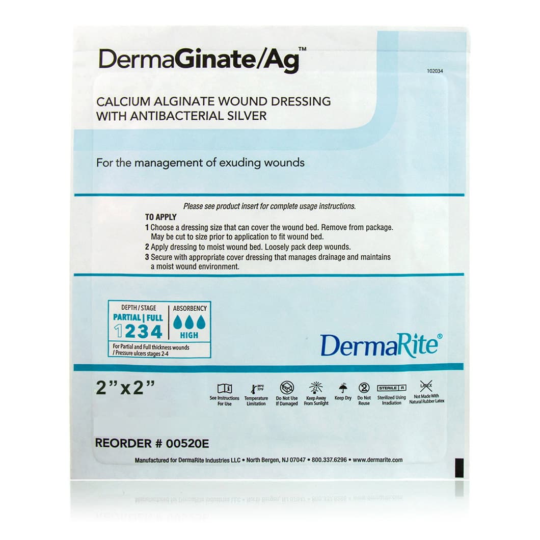 DermaGinate Ag Calcium Alginate Dressing with Antibacterial Silver, 2 x 2 Inch - Each - Image 1