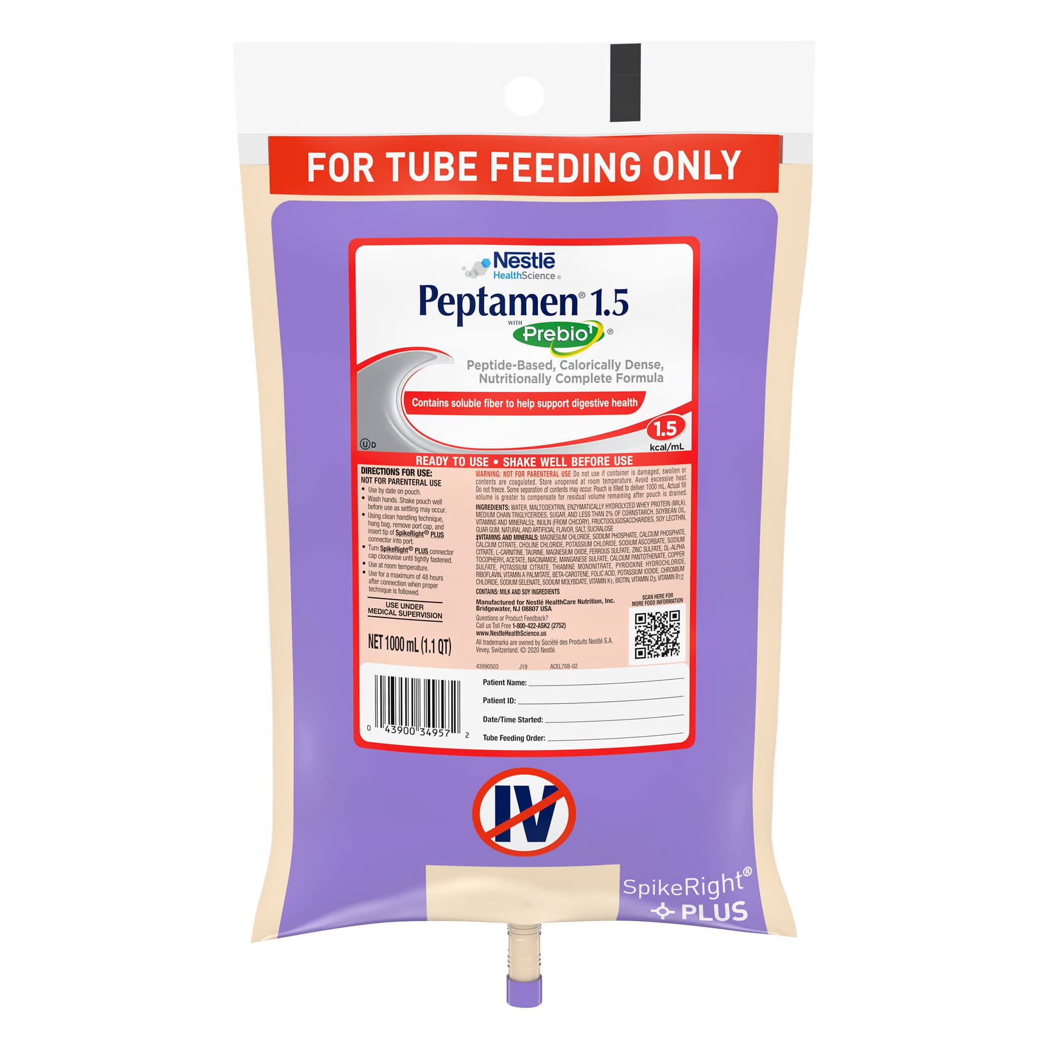 Peptamen 1.5 Peptide-Based Ready to Hang Tube Feeding Formula with Prebio, 33.8 oz - Case of 6 - Image 1