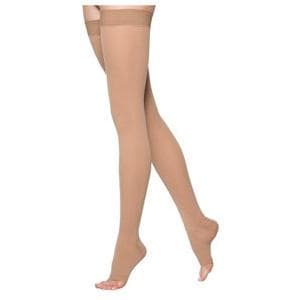 Sigvaris Essential Cotton Unisex Thigh-High with Grip-Top Compression Stockings 30-40 mmHg, Open Toe, Medium-Long, Crispa - Pair - Image 1
