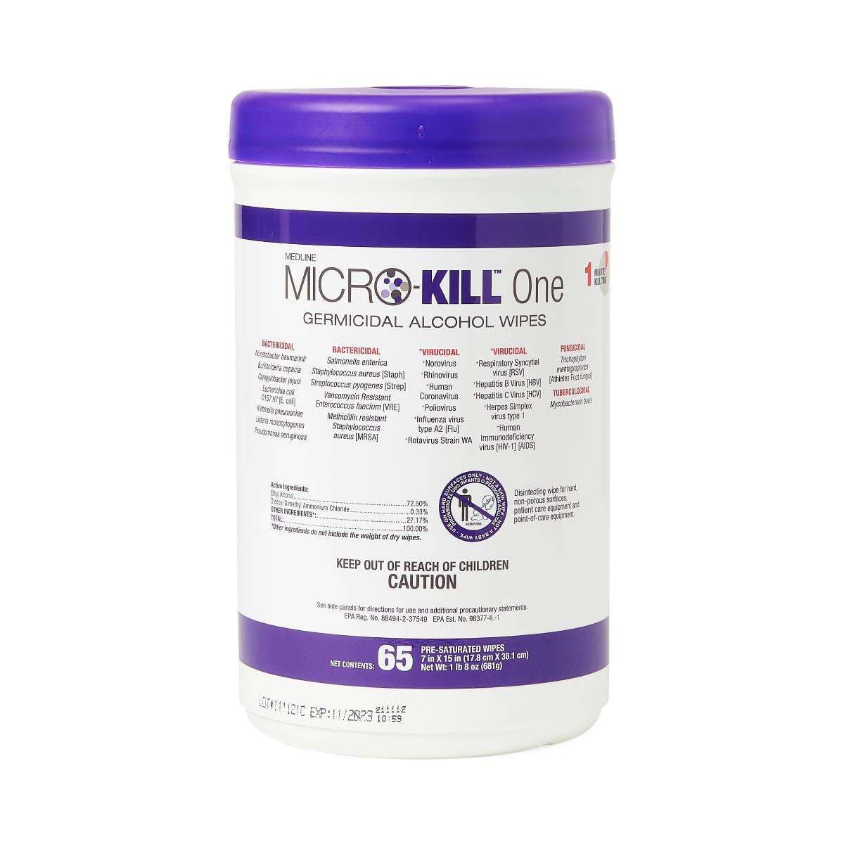 Medline Micro-kill One Germicidal Alcohol Wipes, 7 x 15 Inch - Can of 65 - Image 1