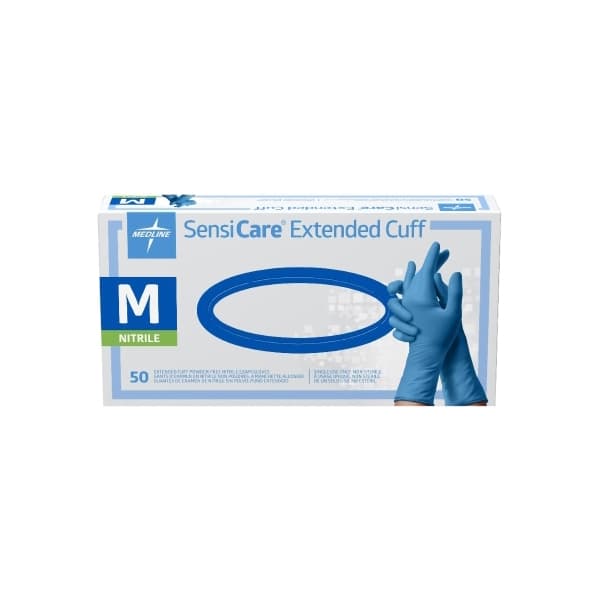 SensiCare Extended Cuff Exam Glove Blue Beaded Cuff 4.1 mil to 6.0 mil Range, Medium - Box of 50 - Image 1