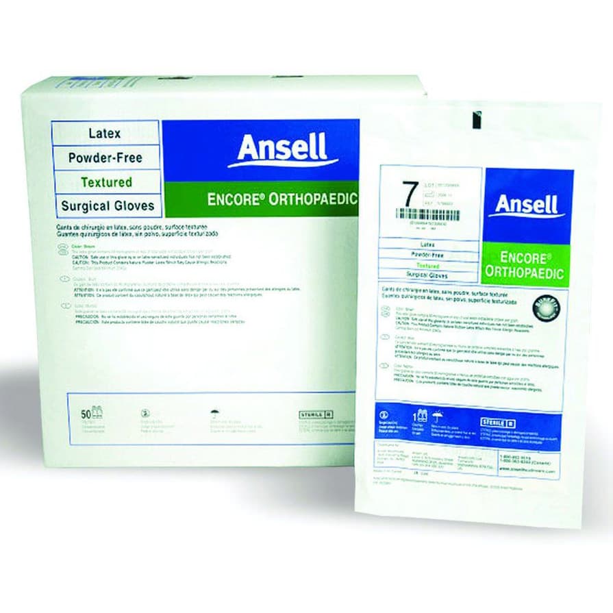 ENCORE Latex Ortho Surgical Glove Brown Beaded Cuff Ortho, Size 9 - Box of 100 - Image 1