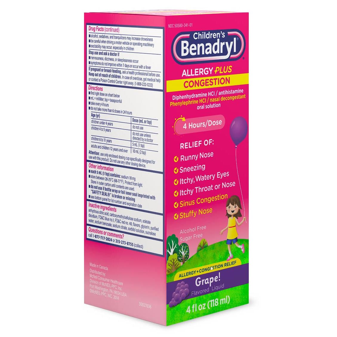 Children's Benadryl Allergy Plus Congestion Liquid Solution, Grape, 24.5 mg - Case of 24 - Image 2