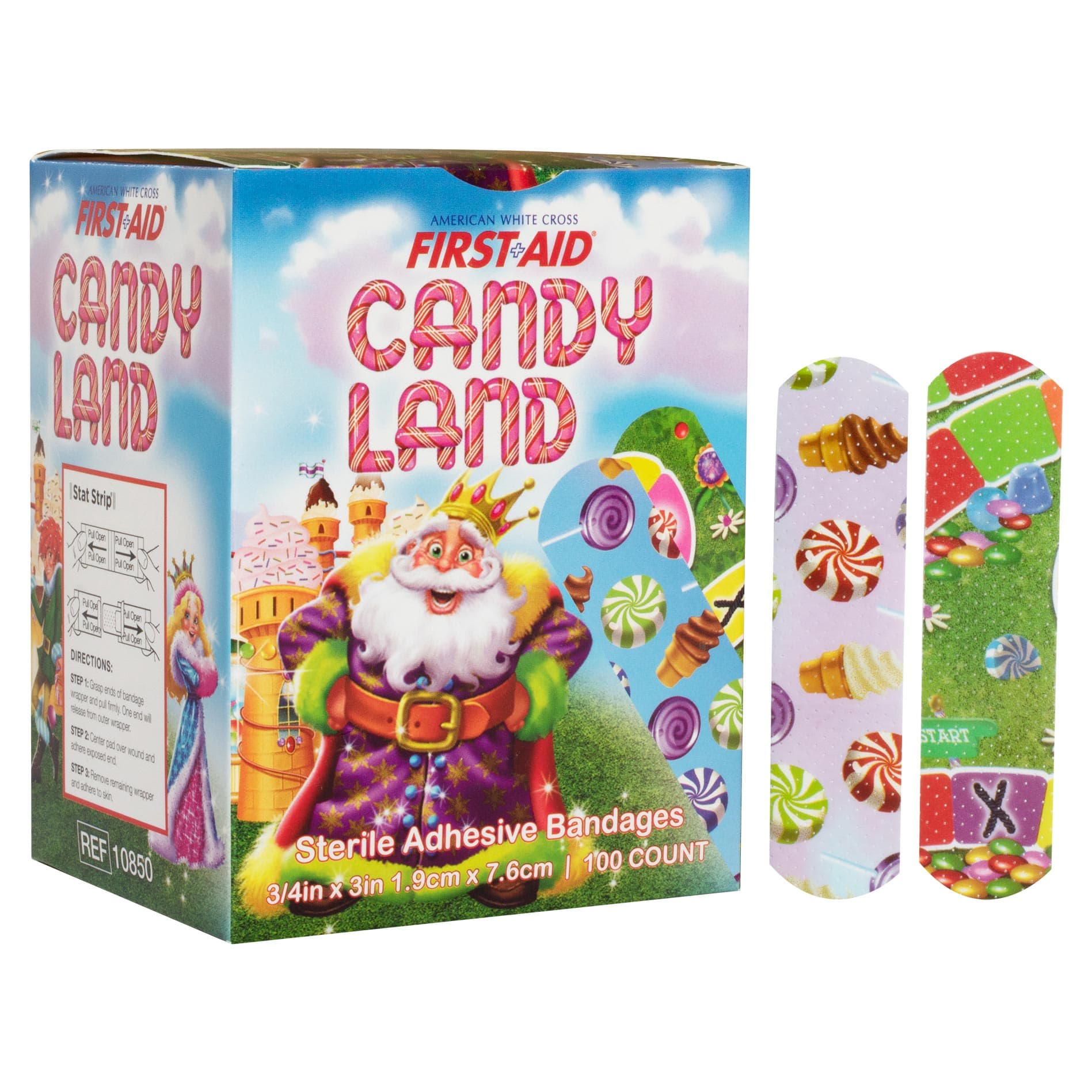 Dukal American White Cross Stat Strip Adhesive Bandages, Candy Land, 3/4" x 3" - Case of 1200 - Image 1