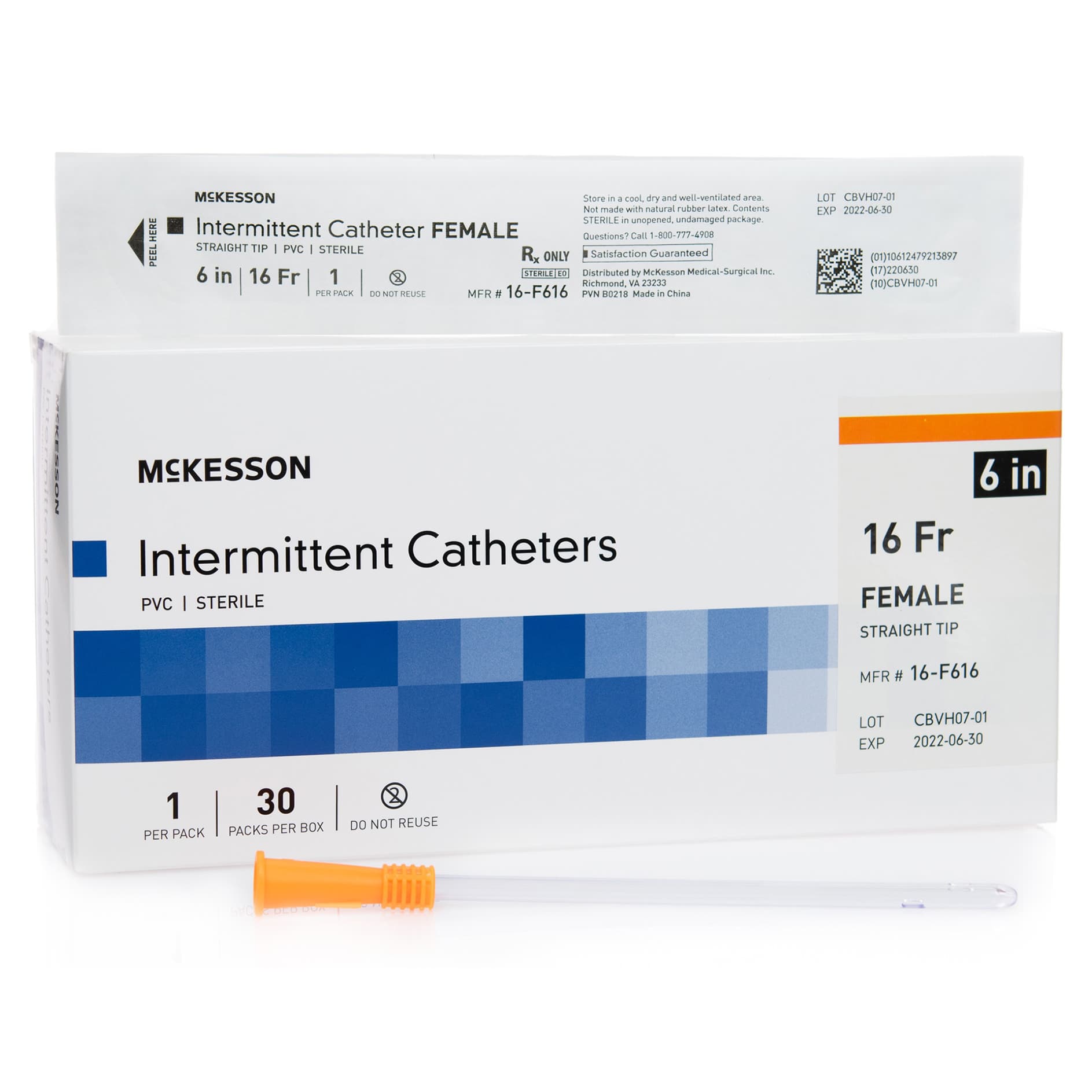 McKesson Uncoated PVC Urethral Catheter, Female, 16 Fr, 6 Inch - Box of 30 - Image 1