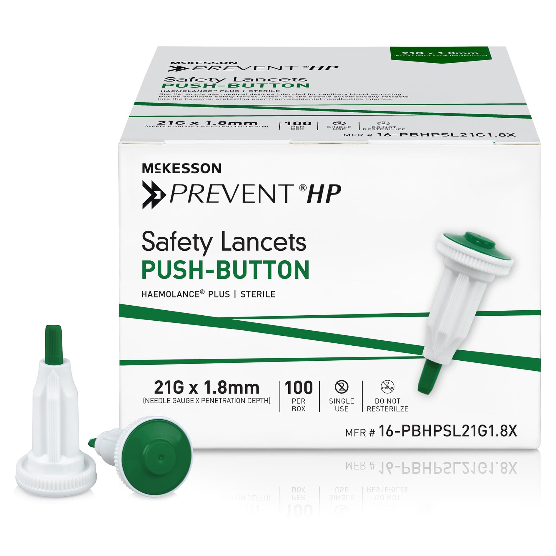 McKesson Prevent HP Safety Lancet with Push Button Activation, Green, 21 Gauge - Case of 2000 - Image 1