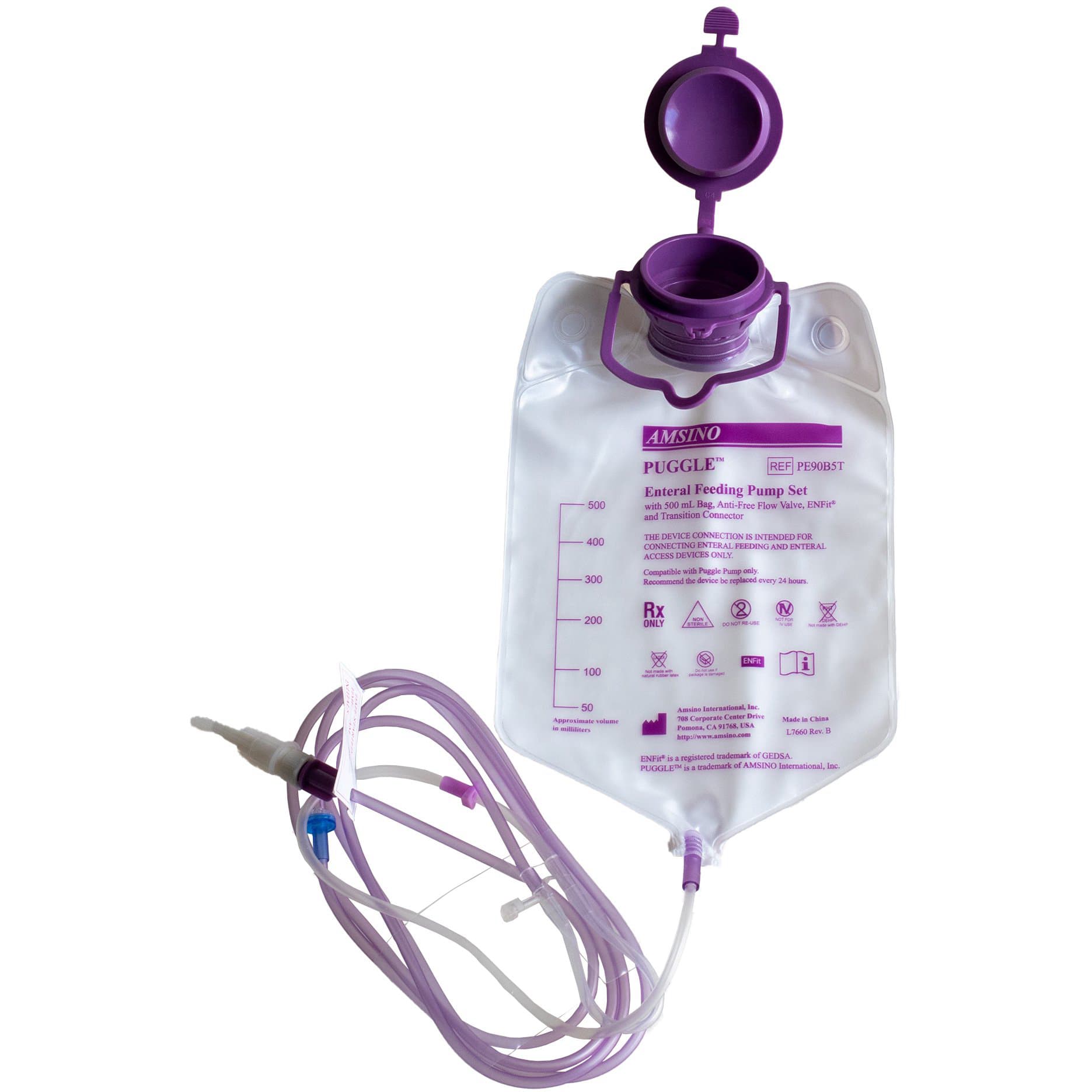 PUGGLE Enteral Feeding Pump Bag Set with ENFit Connector, 500 mL - Each - Image 1