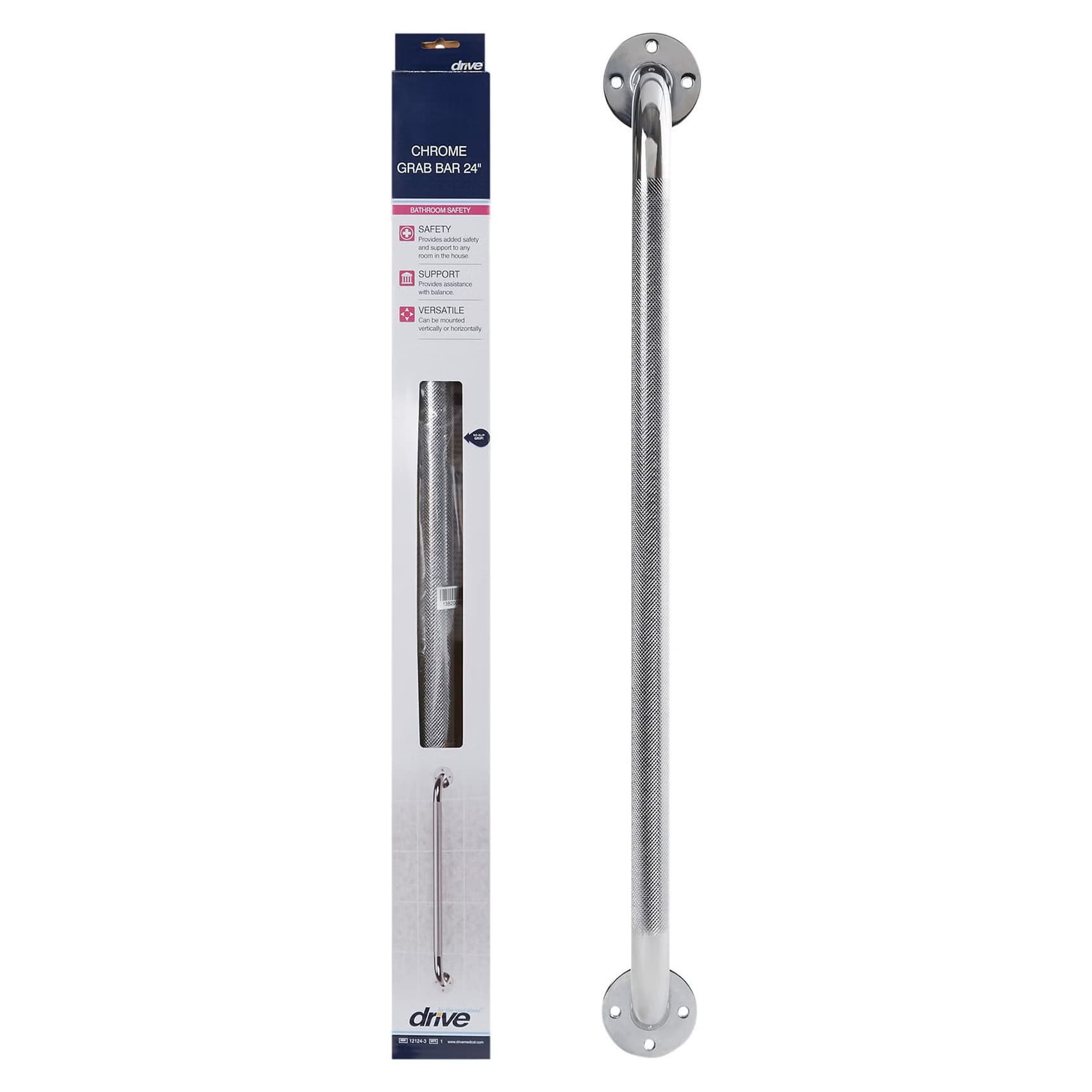 Drive Chrome Knurled Grab Bar, Wall Mounted, 24 Inch - Box of 3 - Image 1