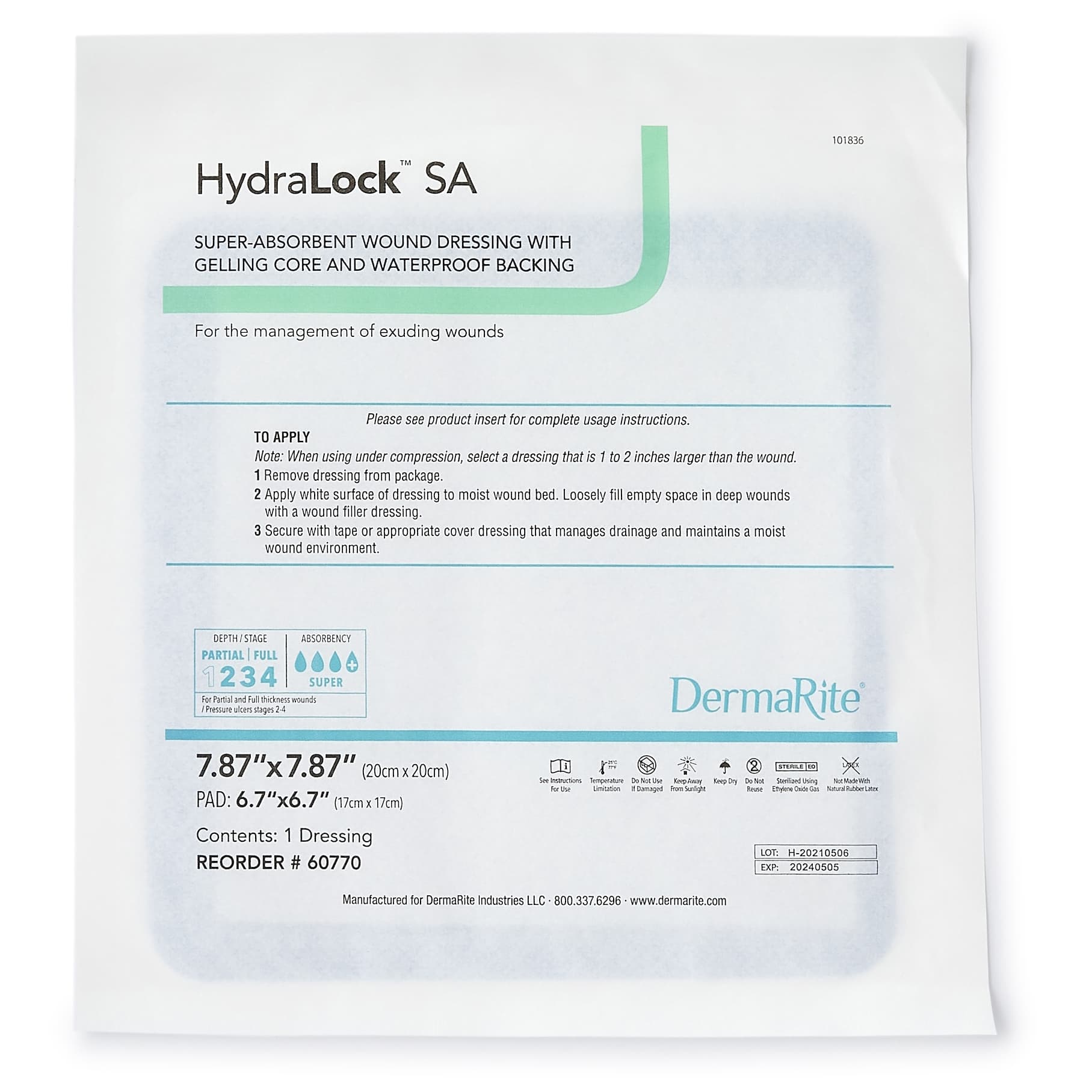 DermaRite HydraLock SA Super Absorbent Wound Dressing, 7.87 x 7.87 Inch - Each - Image 1
