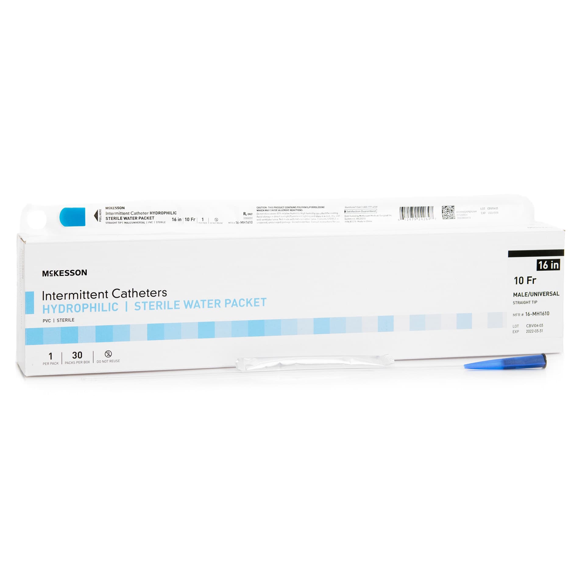 McKesson Intermittent Catheter with Hydrophilic Coating For Men, Straight Tip, 10 Fr, 16 Inch - Box of 30 - Image 1