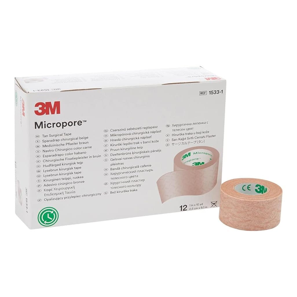 3M Micropore Waterproof Skin Friendly Surgical Tape, 1 Inch x 10 Yards, Tan - Box of 12 - Image 1