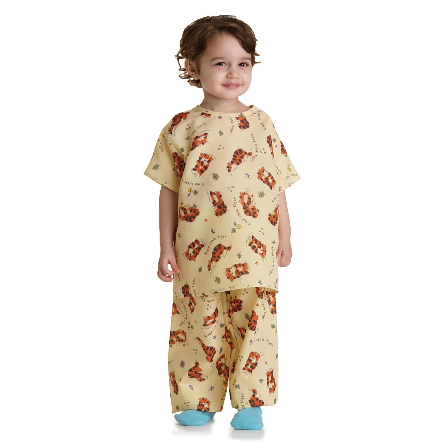 Medline Tie-Closure Pediatric Patient Gown Tired Tiger Print, Yellow, Small - 1 Dozen - Image 1