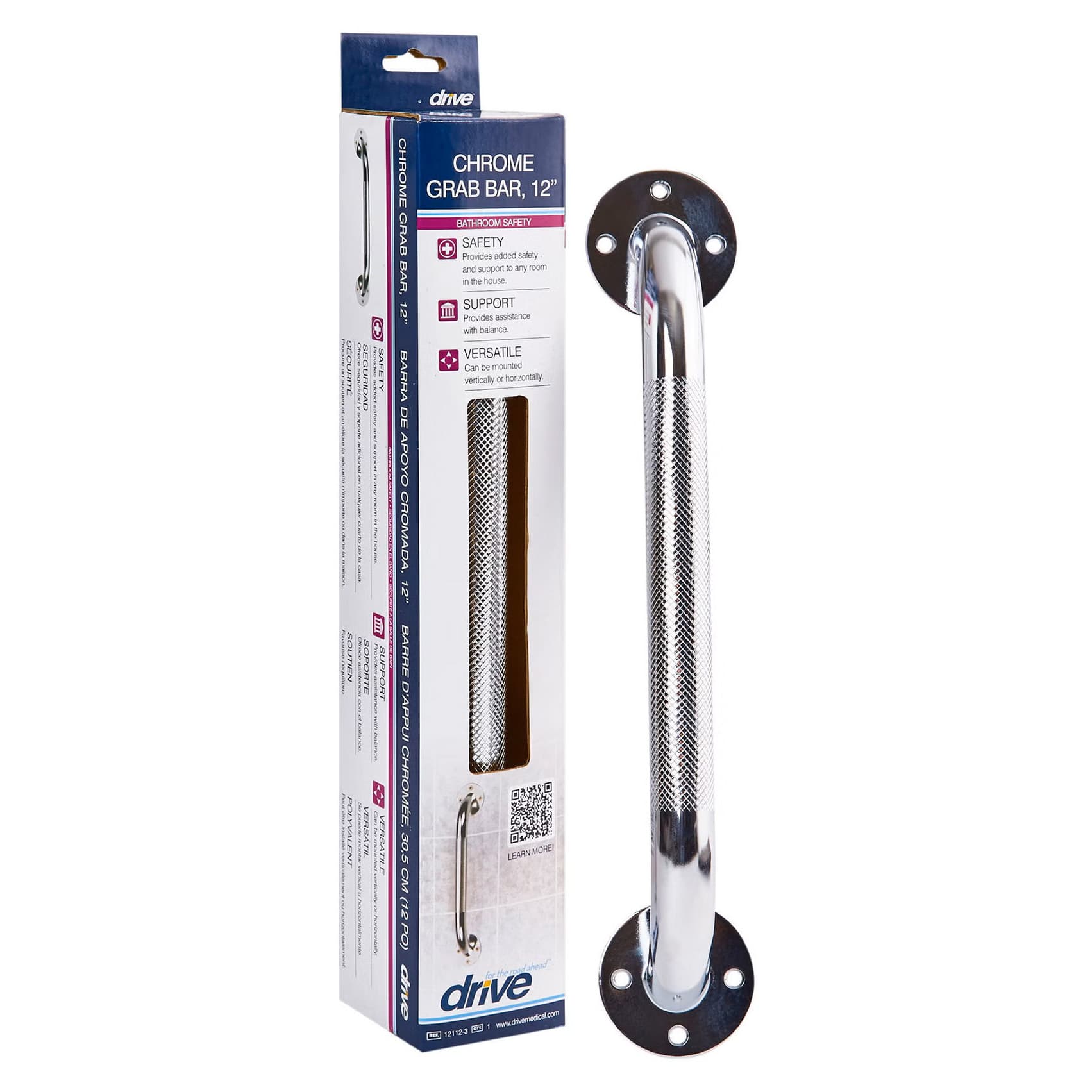 Drive Chrome Knurled Grab Bar, Wall Mounted, 12 Inch - Box of 3 - Image 1