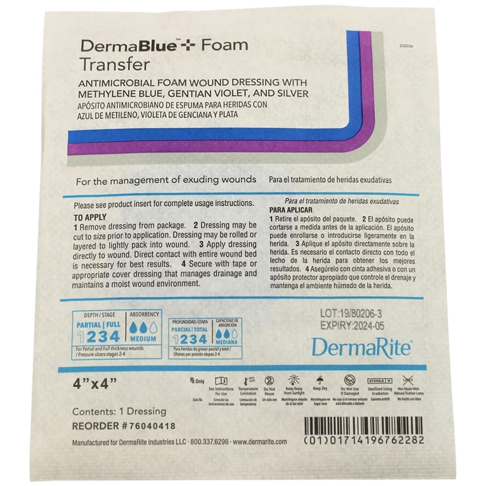 DermaBlue+ Foam Transfer Silver Antimicrobial Foam Wound Dressing, 4 x 4 Inch - Each - Image 1