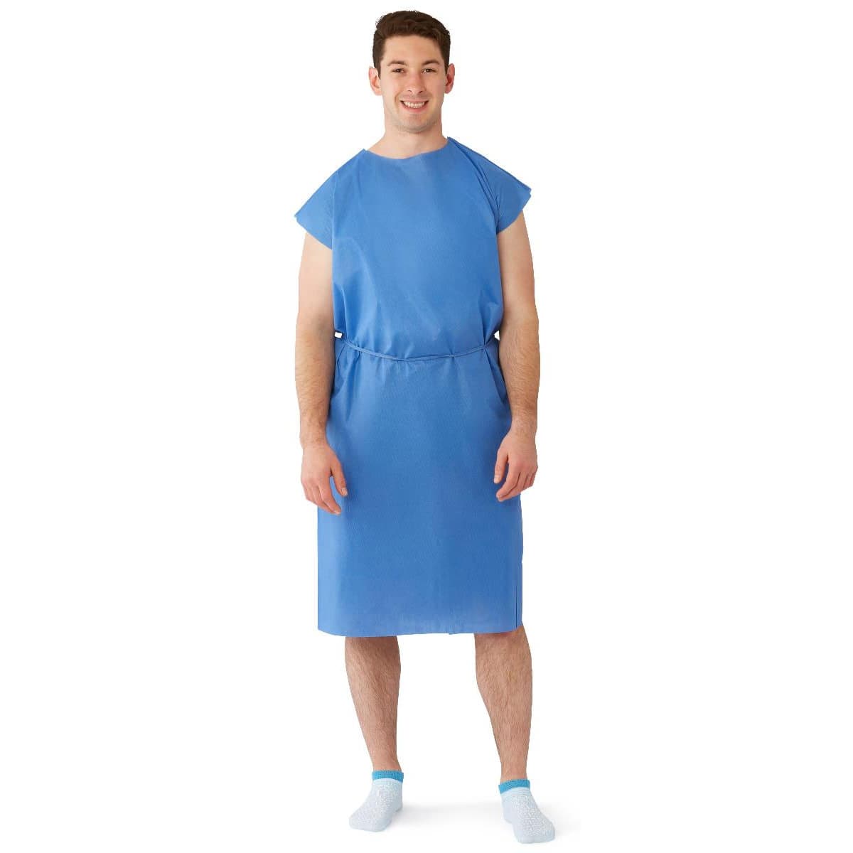 Medline Sleeveless Tape Tab Neck and Waist Tie Multilayer Patient Gown, Blue - Image 1