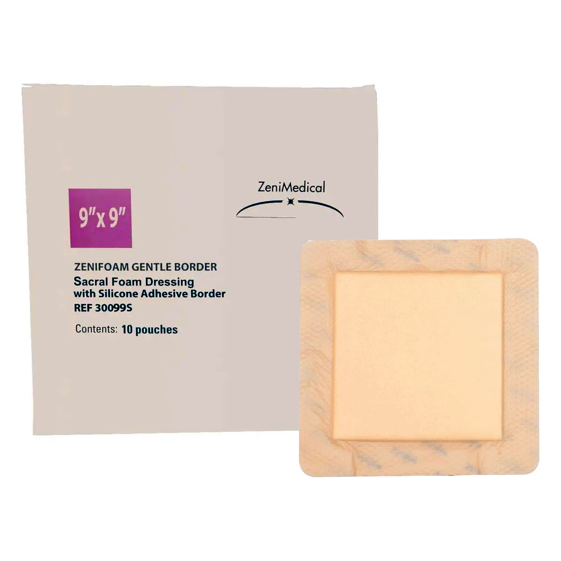 ZeniFoam Gentle Border Sacral Foam Dressing with Silicone Adhesive Border, 9 x 9 Inch - Box of 10 - Image 1