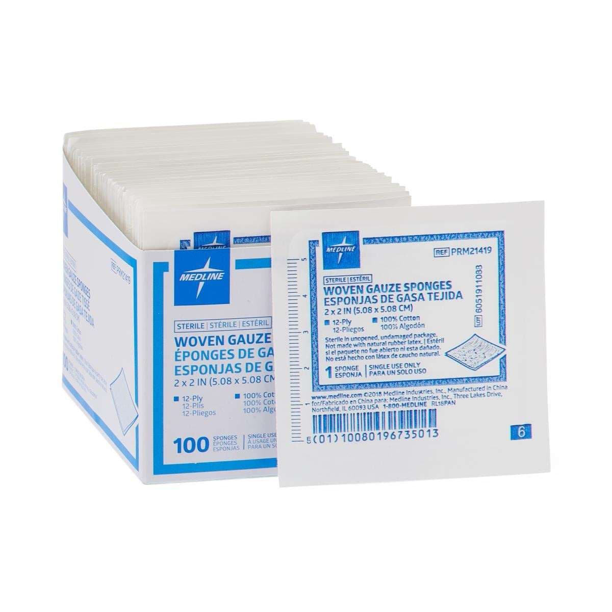 Medline Woven Sterile USP Type VII Gauze Sponges, 12 Ply, 2 x 2 Inch - Case of 2400 - Image 1