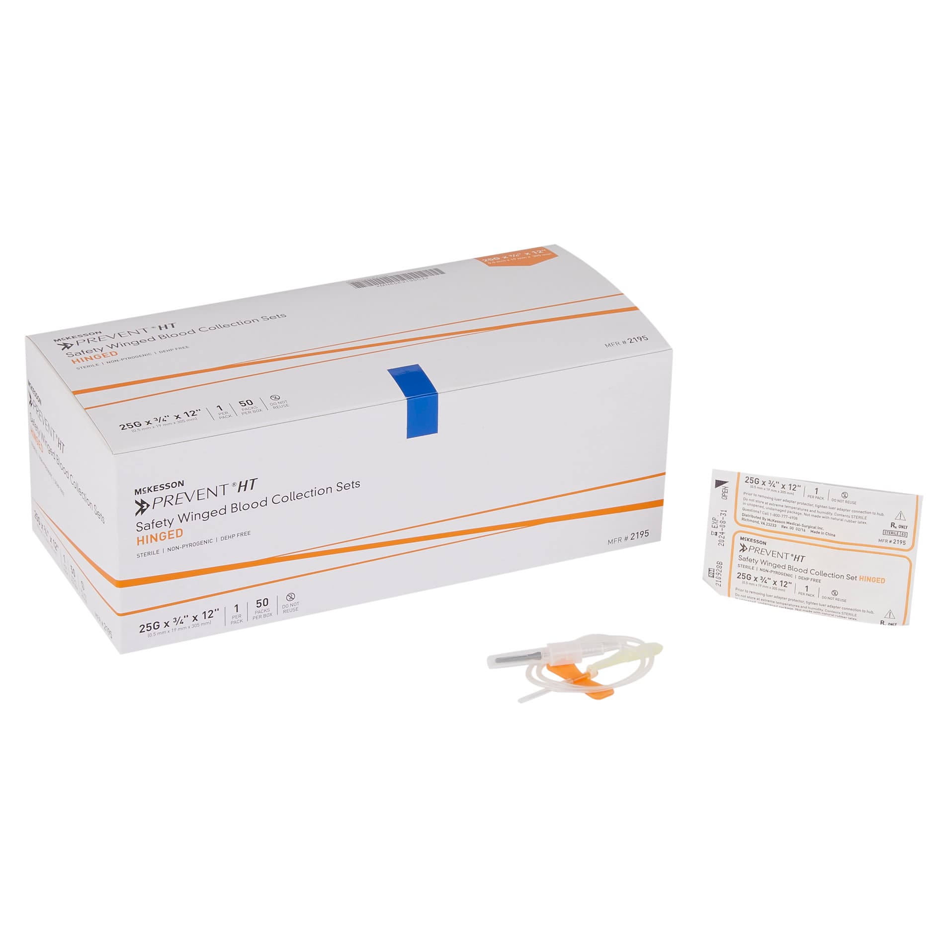 McKesson Prevent Blood Collection Set with Winged Safety Needle, Sterile, Orange, 25 Gauge - Box of 50 - Image 1