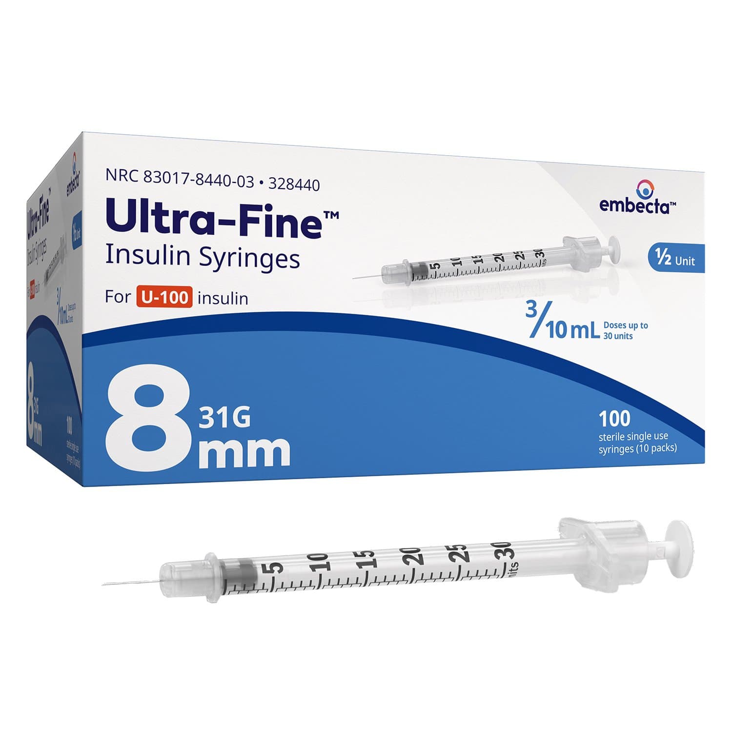 Embecta Ultra-Fine Insulin Syringes, Short Bevel, 31 Gauge, 8 mm, 0.3 mL - Box of 100 - Image 1