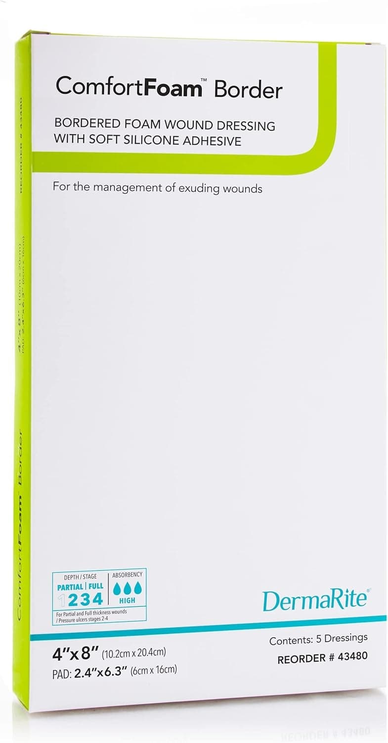 ComfortFoam Border Self-adherent Silicone Foam Dressing with Border, 4 x 8 Inch - Box of 5 - Image 1