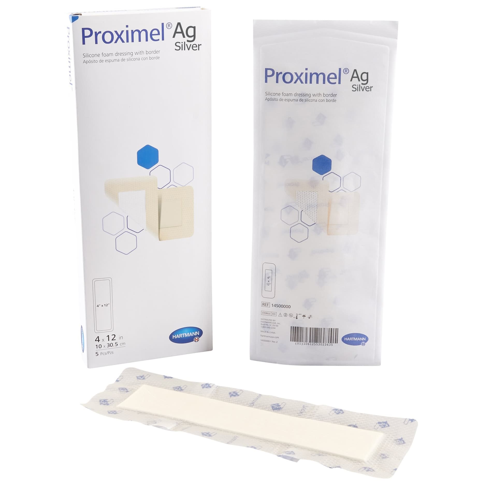 Proximel Ag Silicone Bordered Foam Dressing, Sterile, 4 x 12 Inch - Box of 5 - Image 1