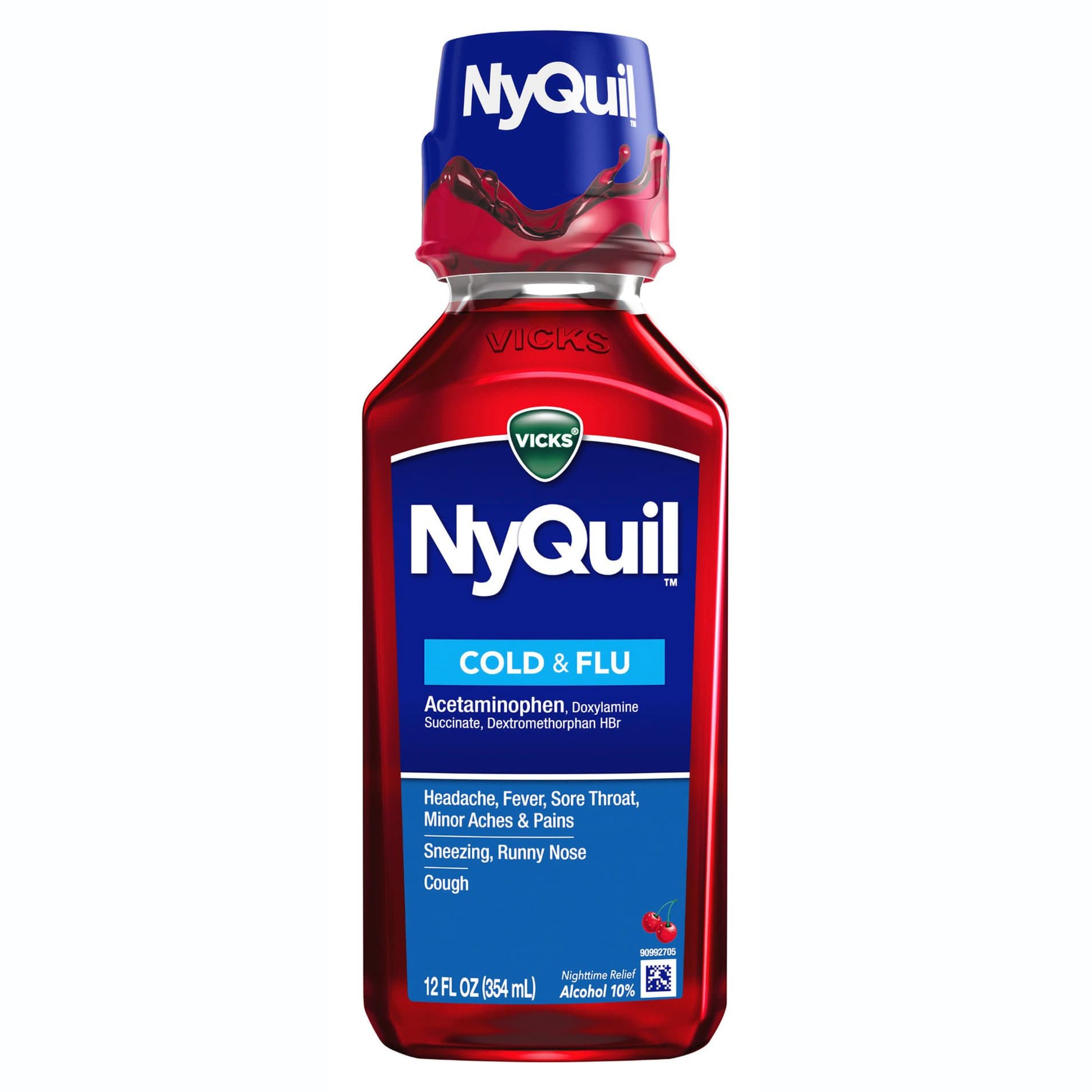 Vicks Nyquil Cold & Flu Nighttime Relief, Lemon, 16 oz - Carton of 16 - Image 1
