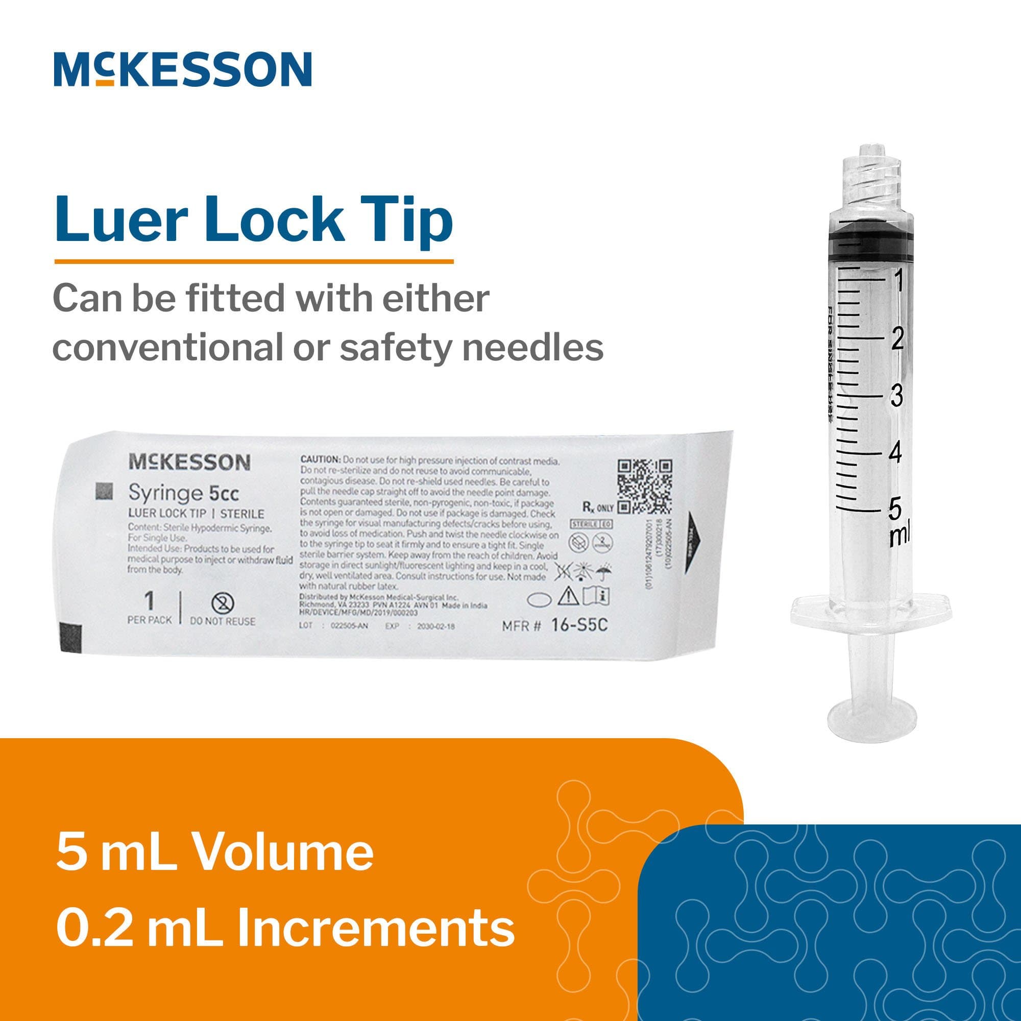 McKesson General Purpose Syringe, Luer Lock Tip, 5 mL - Box of 100 - Image 1